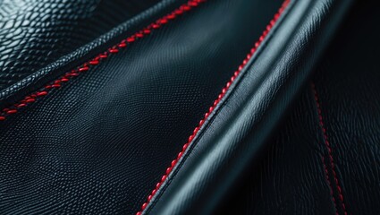 Aufkleber - Close-up shot of black leather texture highlighted with red stitching.