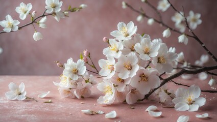 Poster - Beautiful white flowering branches create a spring border on a pink background.