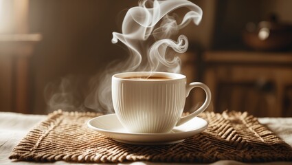 Poster - A cup of hot drink steaming in the sun on the table.