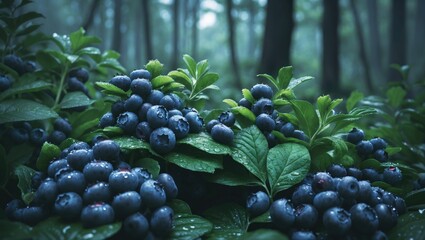 Poster - Close-up of a blueberry bush in the forest. Delicious food, natural antioxidant.