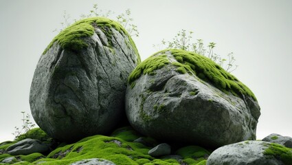 Poster - A dense green forest with rocky stones blanketed in thick moss and small plants set against a backdrop
