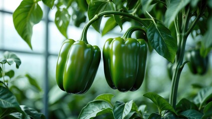 Aufkleber - Two green bell peppers in their youth are sprouting on a farm.