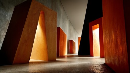 Aufkleber - Abstract architectural interior, ochre and muted tones, geometric forms, light shafts