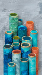 Poster - Group of cylindrical vases, teal, blue, orange hues, textured surface, arranged against gray background, showcasing artistic design, home decor concept