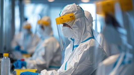 Poster - Assembly line with people in protective gear stock photo --ar 16:9 --raw --v 6 Job ID: bd2fba6c-5a59-4e69-9386-3129d32acf9f