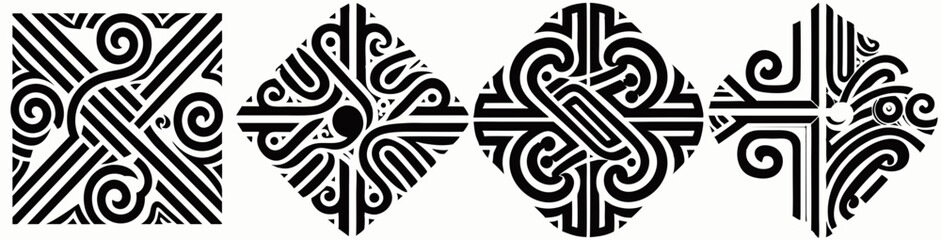 Fototapete - Abstract Geometric Patterns:  A collection of four distinct geometric designs,  each meticulously crafted with intricate line work and swirling patterns,  evokes a sense of movement and depth.