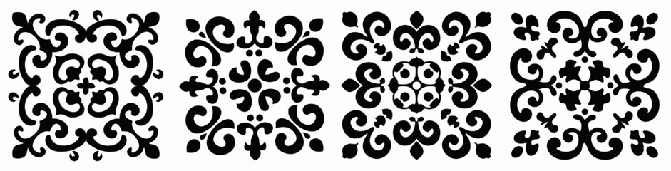 Poster - Ornate tile designs: A collection of detailed, symmetrical tile designs. Each tile showcases intricate swirling patterns and delicate floral elements.