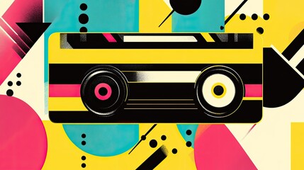Poster - Retro Cassette Tape with Geometric Background in Bold Colors