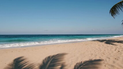 Poster - Pristine tropical beach with gentle waves lapping sandy shoreline, palm tree shadow softly gliding across warm golden sand under bright sunlight