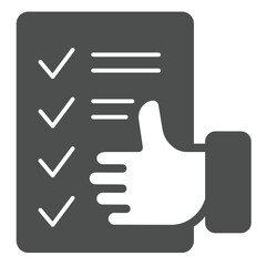 Poster - Checklist paper and thumb up hand solid icon, feedback concept. Vector graphics. Summary of test, quiz sign on white background, glyph style icon for mobile or web design.
