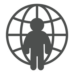 Fototapete - Freelancer man at world globe solid icon, recruitment concept. Vector graphics. Remote worker, human recourse sign on white background, glyph style icon for mobile or web design.