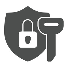 Fototapete - Key and badge with padlock solid icon, design recruitment concept. Vector graphics. Big key with shield, safety sign on white background, glyph style icon for mobile or web design.