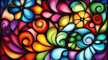 Poster - Colorful Abstract Floral Pattern with Curved Lines and Shapes