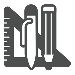 Poster - Triangular ruler with ballpoint pen and pencil solid icon, drawing tools concept. Vector graphics. Stationery sign on white background, glyph style icon for mobile or web design.