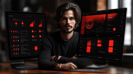 Dark Red UI Design: A Man and His Sleek Tech Dashboard