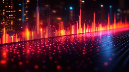 Poster - Abstract Cityscape Soundscape: Neon Lights and Digital Audio Waves