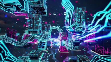 Poster - Exploring a vibrant digital cityscape filled with neon lights and intricate patterns at dusk in a futuristic setting Generative AI