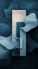 Poster - Abstract Stacked rectangles surrounded by cloud-like shapes in shades of blue, beige, and gray
