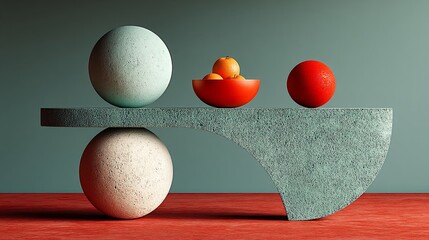 Poster - Abstract still life with spheres and bowl of fruit balanced on a platform