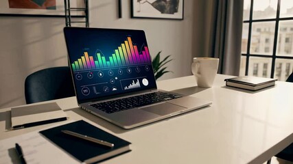 Aufkleber - Colorful bars are growing on a laptop screen, showing positive business growth and financial success, placed on a white desk in a modern office with a cup and notebooks