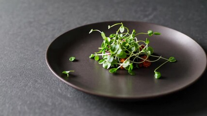 Poster - Delicate microgreens garnishing gourmet appetizer, resting on sleek dark ceramic plate against minimalist gray background, highlighting fresh culinary artistry and nutritional elegance