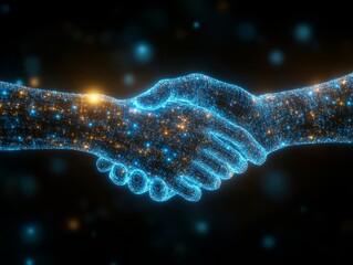 Aufkleber - Digital handshake between two glowing abstract hands symbolizing futuristic technology and partnerships