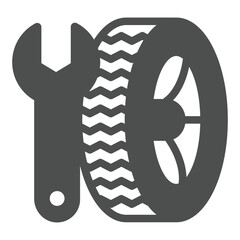 Fototapete - Wrench tool and car wheel solid icon, tires fitting concept. Vector graphics. Changing wheels, car service sign on white background, glyph style icon for mobile or web design.