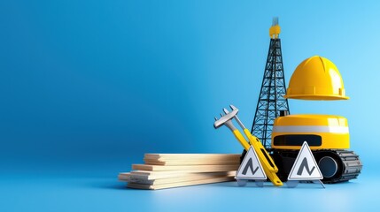 Construction equipment and tools illustration minimalist design professional environment vibrant blue background