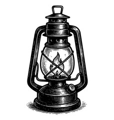 Wall Mural - vintage oil lantern with flame engraving style on white background illustration art