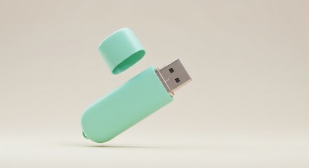 Poster - Minimalist Presentation of a Teal USB Drive with Detached Cap on Cream Background