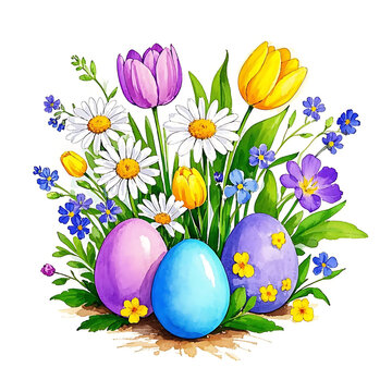 Easter eggs, colorful, watercolor, floral elements,