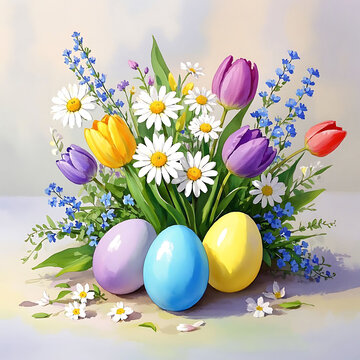 Easter eggs, colorful, watercolor, floral elements,