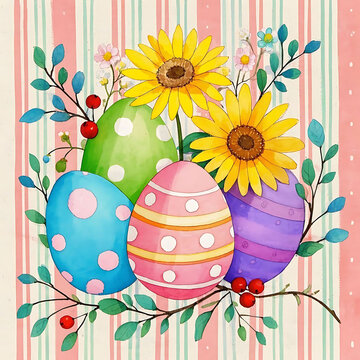 Easter eggs, colorful, watercolor, floral elements,