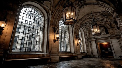 Aufkleber - Ancient hall with arched windows and lanterns