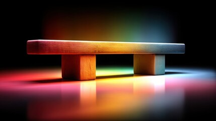 Poster - A rustic wooden bench bathed in soft rainbow light on a colorful rainbow floor evoking joyful vibes and serenity