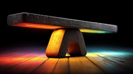Poster - A serene bench illuminated by a soft glowing light on a colorful rainbow floor creating a dreamlike atmosphere