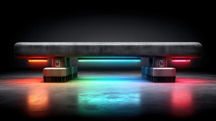 Poster - A sleek bench highlighted by a striking neon light on a vibrant rainbow floor creating an energetic and modern vibe