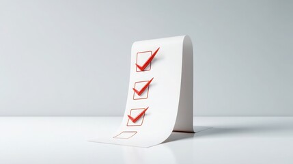 Poster - Clean white paper displaying a bold red check mark symbolizing completion and success in a transformative paper trail concept