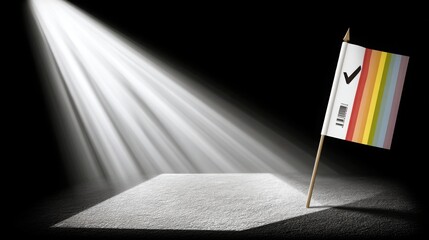 Poster - Vibrant flag illuminated by a spotlight with a spinning checkmark in a rainbow halo creating a festive atmosphere