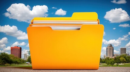 Poster - Folder opening into a business city background representing modern data management and urban development