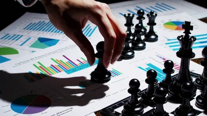 Poster - Professional businesswoman strategizing, analyzing financial reports with chess pawn, navigating complex business landscape through calculated decision making and strategic planning