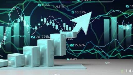 Poster - Ascending bar chart with an upward arrow indicating positive growth, overlaid on a dynamic stock market data visualization with fluctuating lines and percentage changes