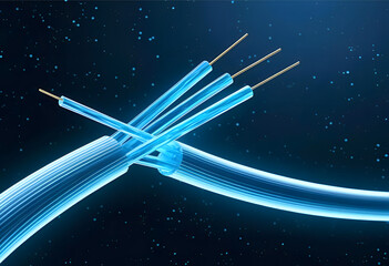 Poster - Fiber Optic Cable: Illustrating high-speed connectivity, these glowing blue fiber optic cables showcase the core of modern telecommunications technology.