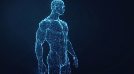 Poster - Muscle structure visualization in 3D wireframe mesh with glowing contours against a dark backdrop