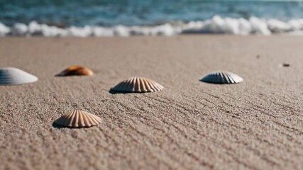 Poster - Scattered seashells resting on sandy shoreline, gentle ocean waves lapping softly in background, creating peaceful coastal scene with serene marine landscape