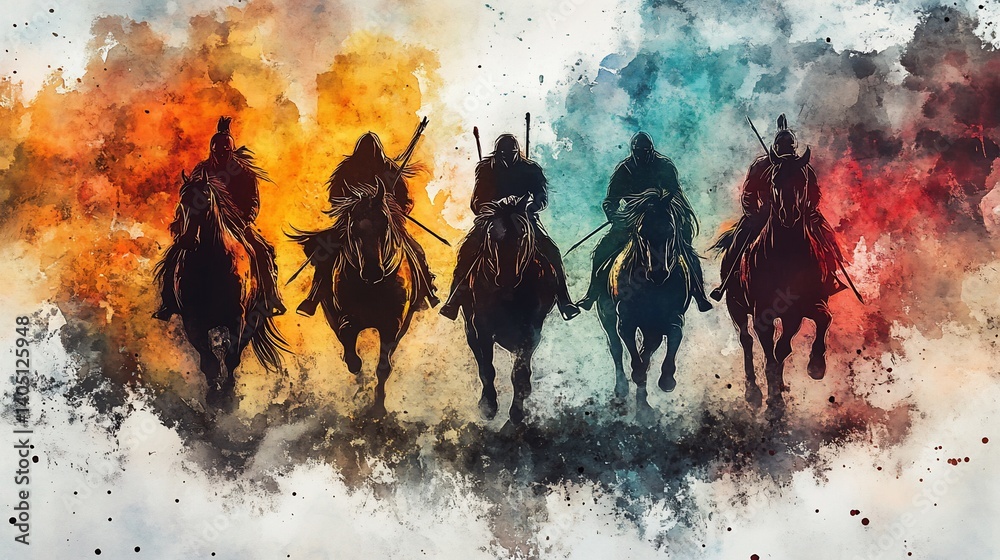 Five silhouetted horsemen riding across a vibrant, colorful landscape.