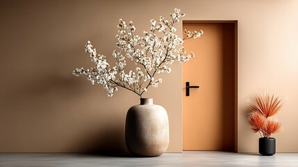 Poster - Beige and peach interior with cherry blossoms