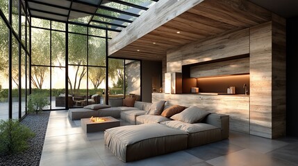 Poster - Bright, modern sunroom with a neutral sofa, wood accent wall, and a glass ceiling, connecting indoor and outdoor spaces