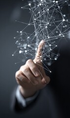 Poster - Hand interacts with digital network representation in office setting