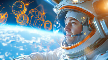Wall Mural - an astronaut in a spacesuit gazes intently at earth from a spacecraft, surrounded by futuristic holo